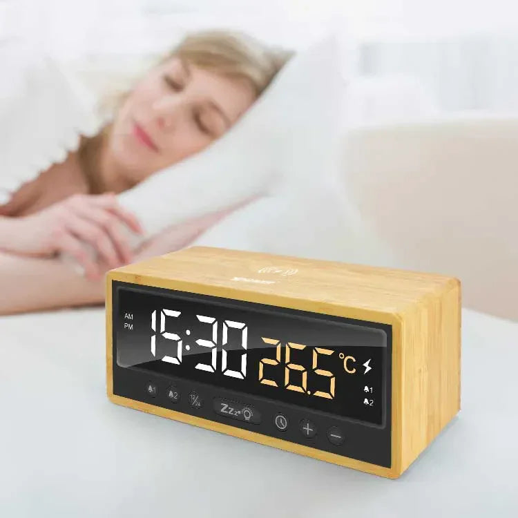 XPower QIC5 4 In 1 Bamboo Alarm Clock With 15W Wireless Charger - Brown - Tashqila XPower QIC5 4 In 1 Bamboo Alarm Clock With 15W Wireless Charger - Brown - Tashqila